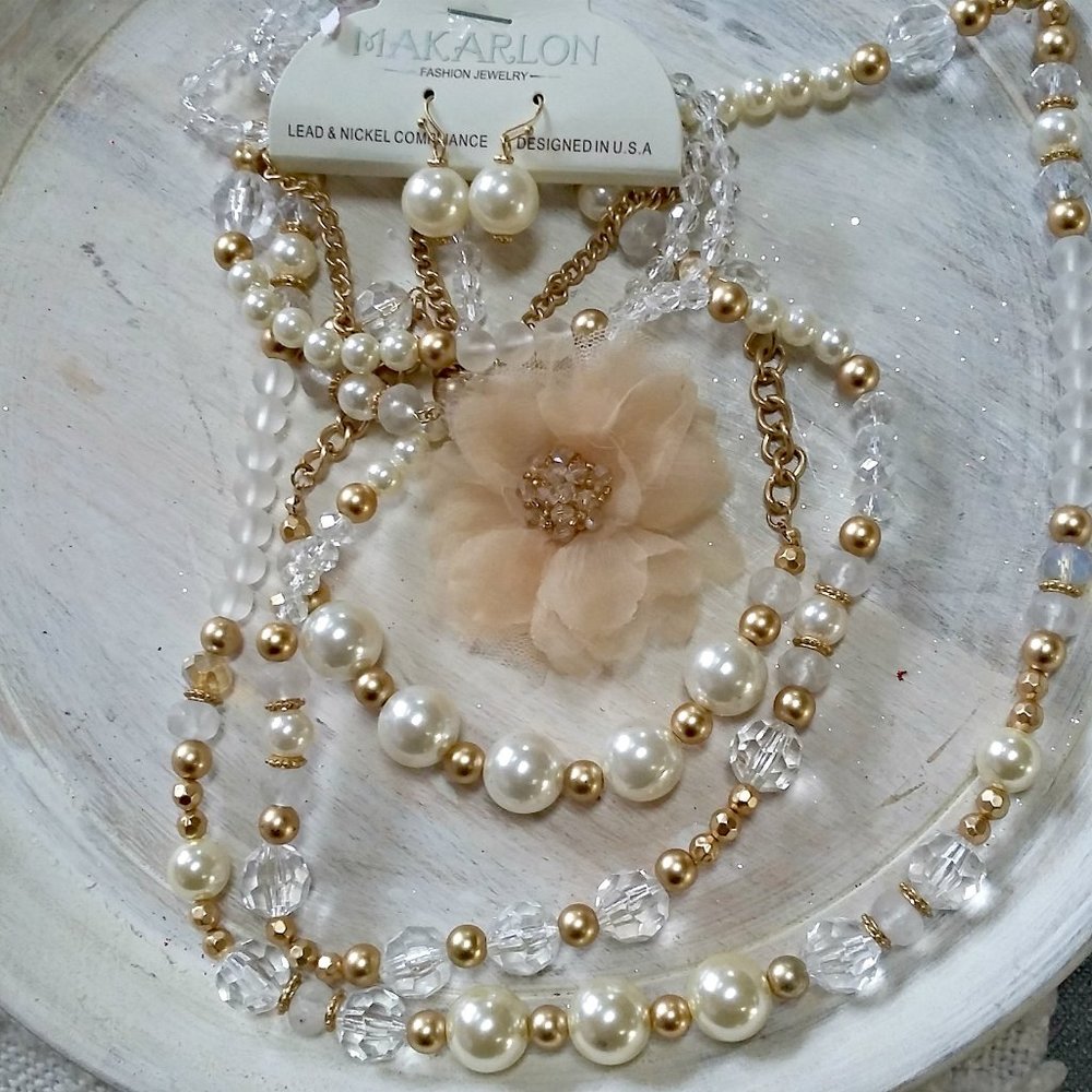 NEW! TRIPLE Strand COSTUME Jewelry NECKLACE W/FLOWER